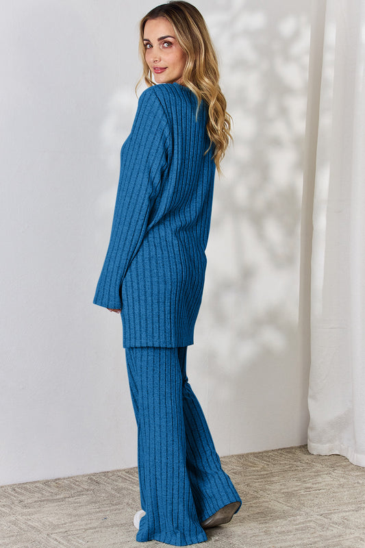 Dark Blue Color Ribbed High-Low Top and Wide Leg Pants Set