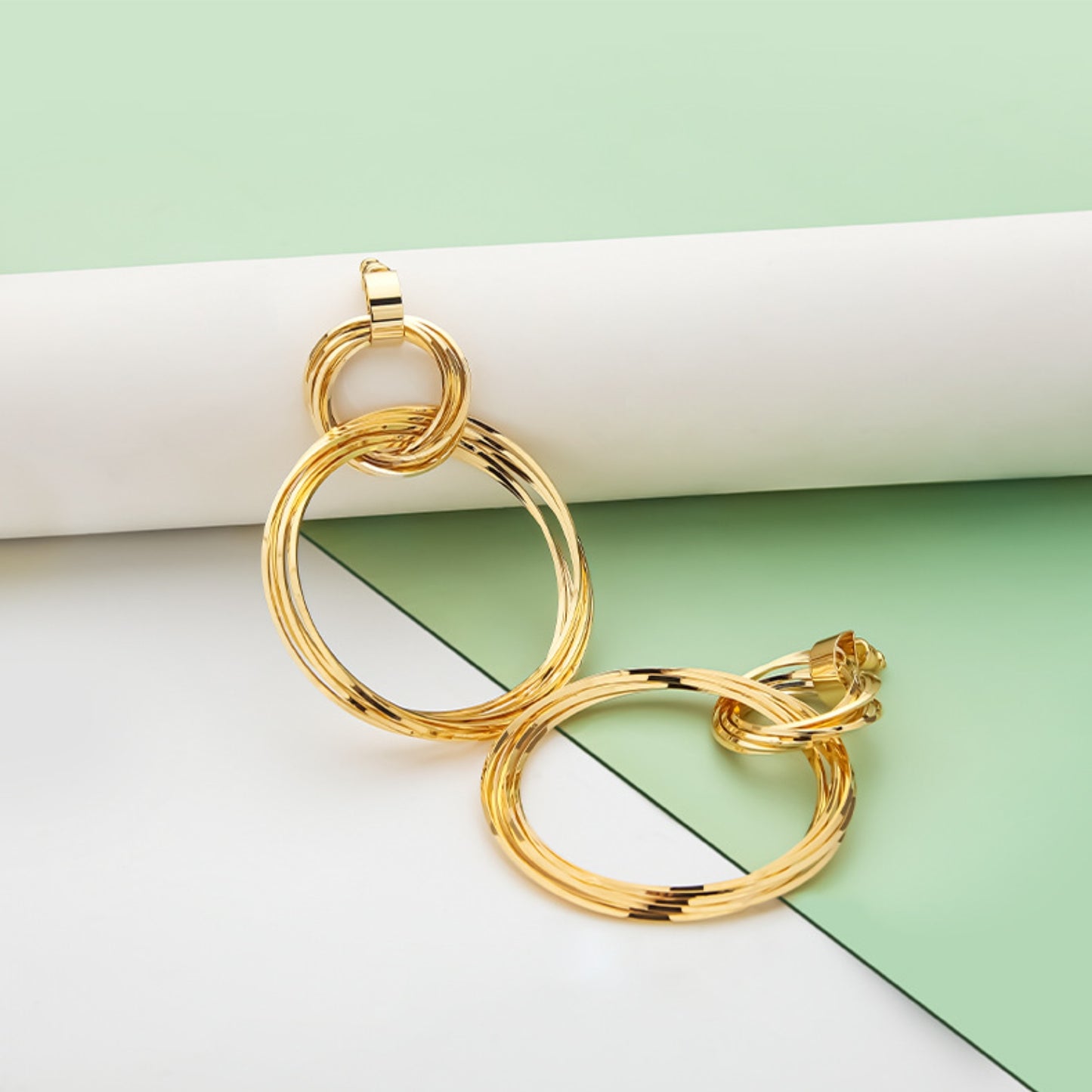 Trendy Gold-Plated Copper Double-Ring Earrings