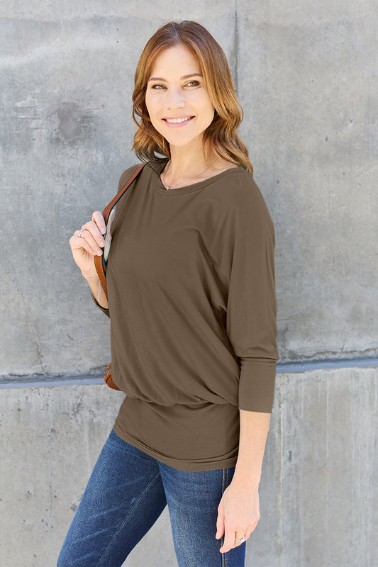 Brown Color Full Size Round Neck Batwing Sleeve Blouse