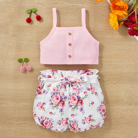 Pink Color Button Tank and Floral Shorts Set