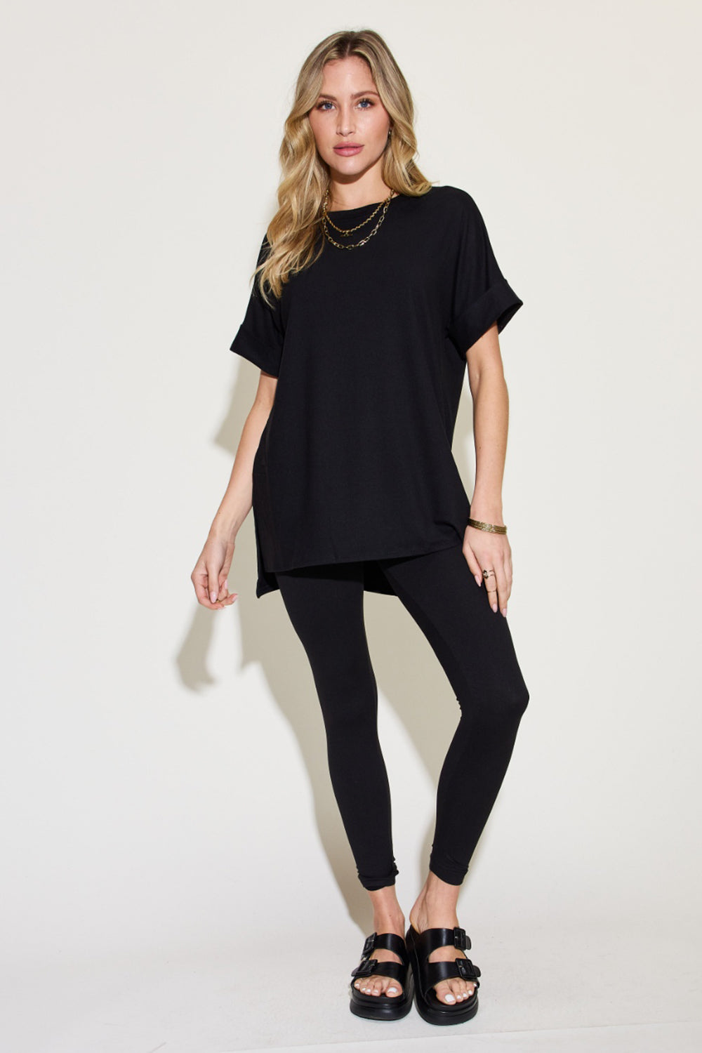 Snug Zenana Plus Size Short Sleeve Slit T-Shirt and Leggings Lounge Set