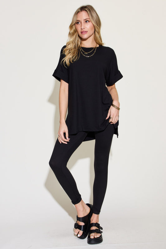 Cozy Zenana Plus Size Short Sleeve Slit T-Shirt and Leggings Lounge Set