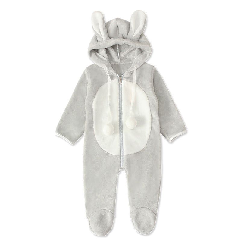 Grey Color Long-sleeved Rabbit Hooded Padded Jumpsuit