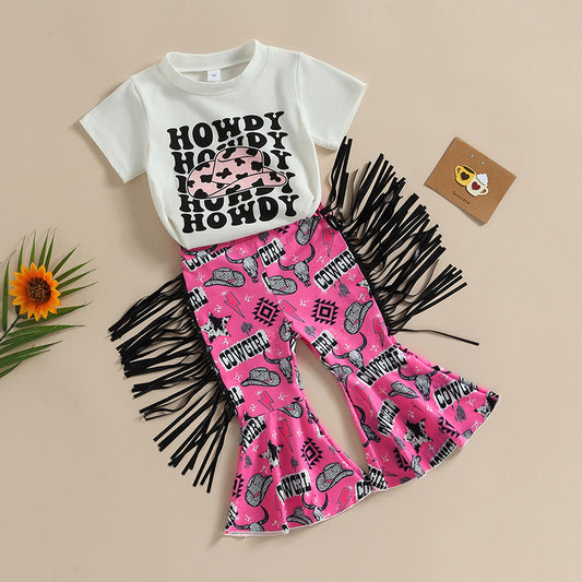 Girls' Fashion Casual Letters Hat Printed T-shirt And Pants Suit